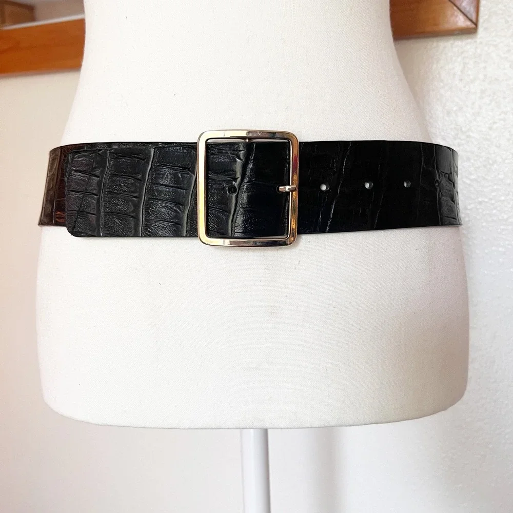 Zara Black Leather Wide Belt Silver Buckle Faux Crocodile Embossed‎ Size Small